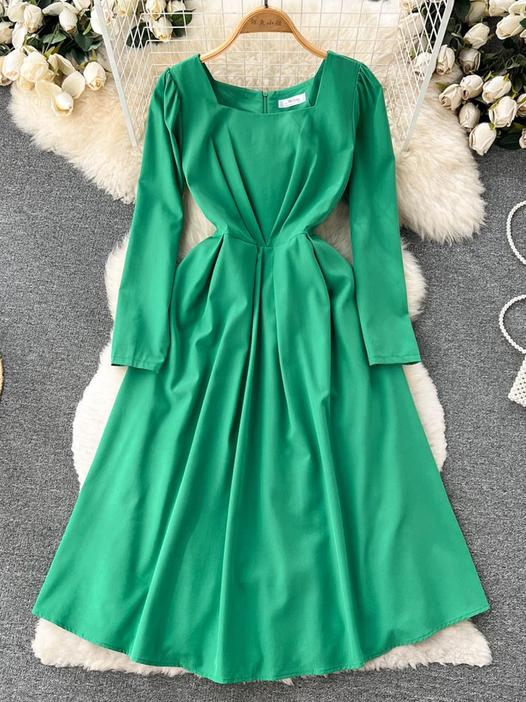 

YuooMuoo Luxury French Slim Waist Lacing Up Long Dress 2022 Spring Autumn Solid Long Sleeve Women Dress Robe Femme