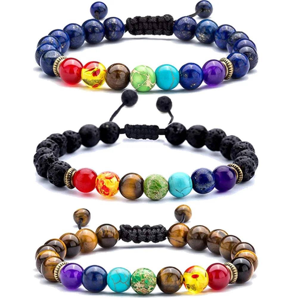 

7 Chakra Natural Lapis Tiger Eye Volcanic Rock Energy Reiki Healing 8MM Beads Bracelets Balancing Meditation Yoga Charm Jewelry