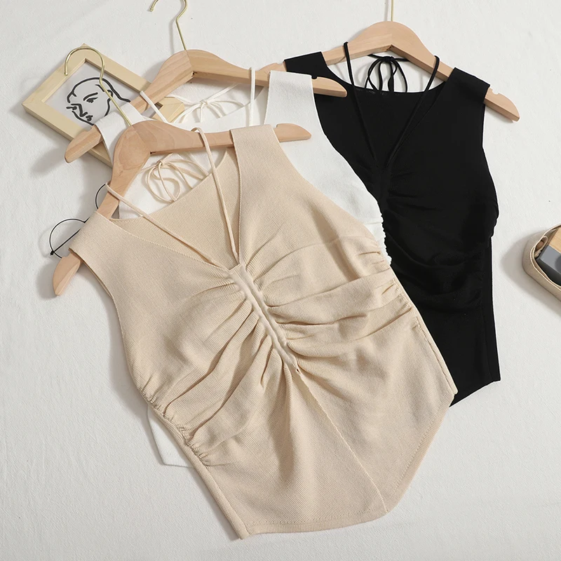 

Knitted V-Neck Sleeveless Summer Crop Top Halter Women Casual Shirred Clothes Off The Shoulder Camisole Tank Tops Dropshipping