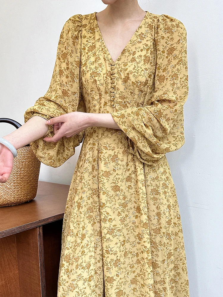 

Jastie элегантное французское платье с v-образным вырезом и цветочным рисунком, женское весенне-осеннее приталенное длинное платье с рукавами-фонариками, свободное желтое платье с принтом