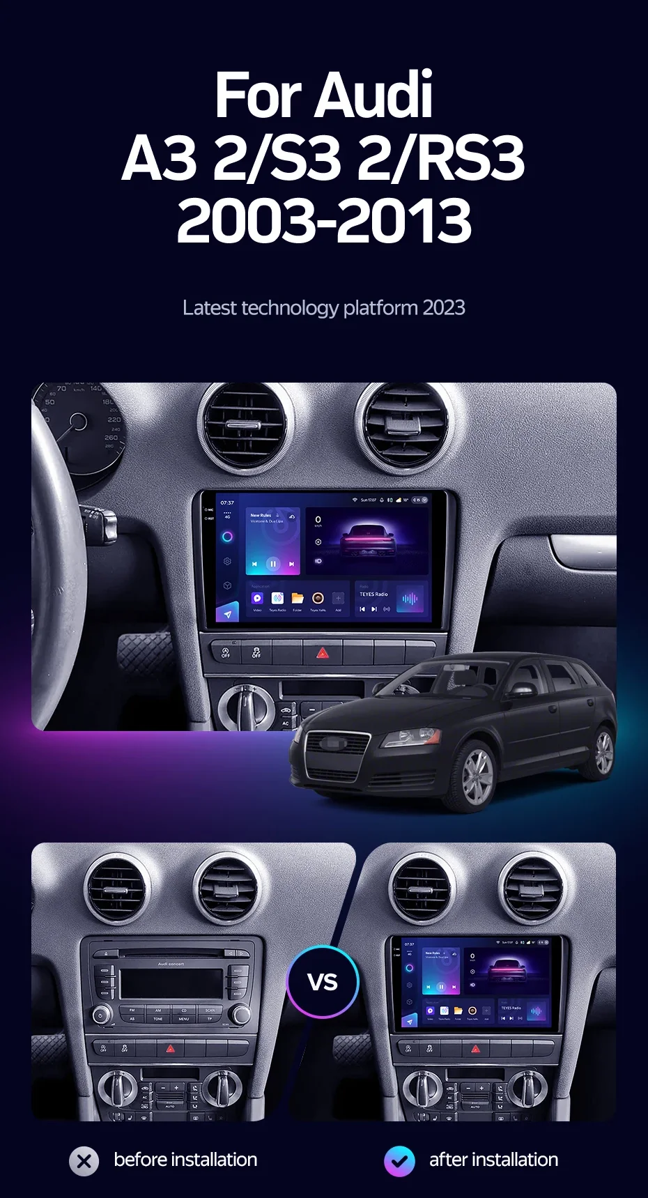 Фото Автомагнитола для Audi A3 8P 2003-2013 с Android Auto, CarPlay, мультимедийной системой, стерео, навигацией, сенсорным экраном, видеоплеером, 8-ядерным процессором и GPS. №2