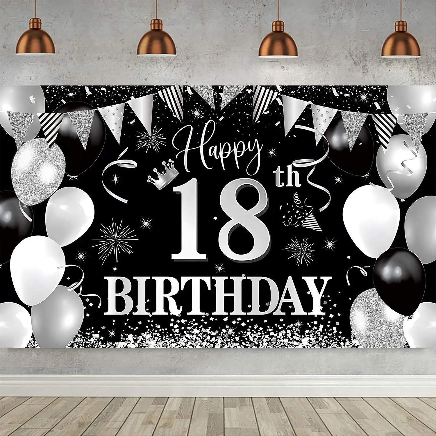 

Happy 18th Birthday Party Decor Banner Backdrop for Women Men Girls Boys 18 Years Old Silver Glitter Sequin Balloon Background