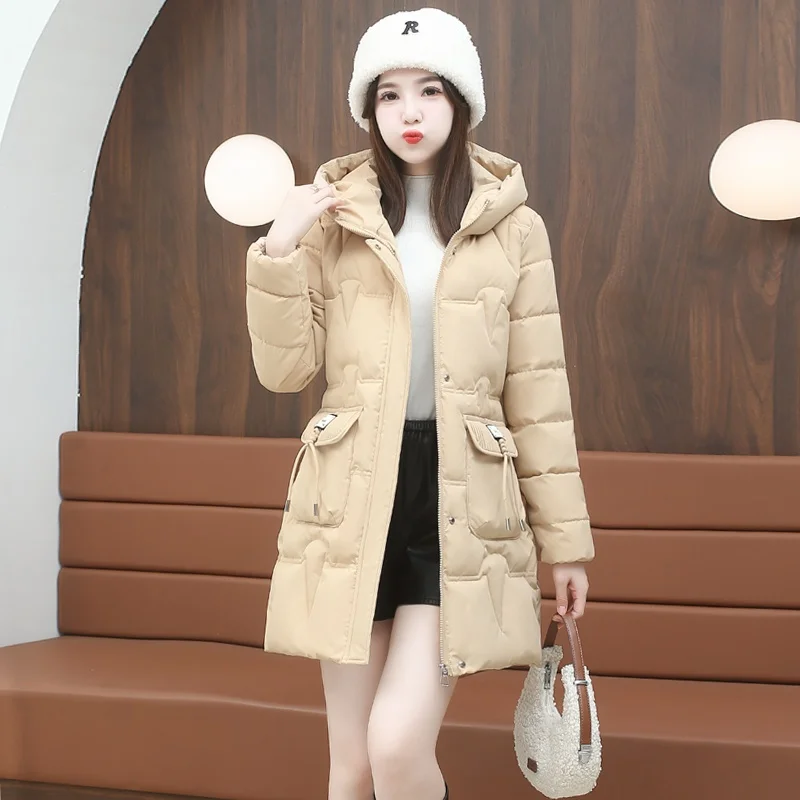 Пуховик средней длины с капюшоном одежда хлопковой подкладкой 2024 женское новое