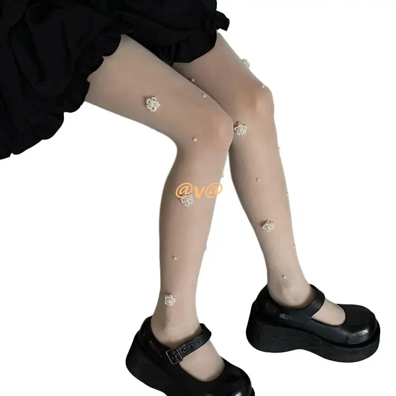 

Women Lolita Silky Transparent Milky White Pantyhose Vintage Hand Sewing Pearl Beaded Flower Sheer Tights Stockings