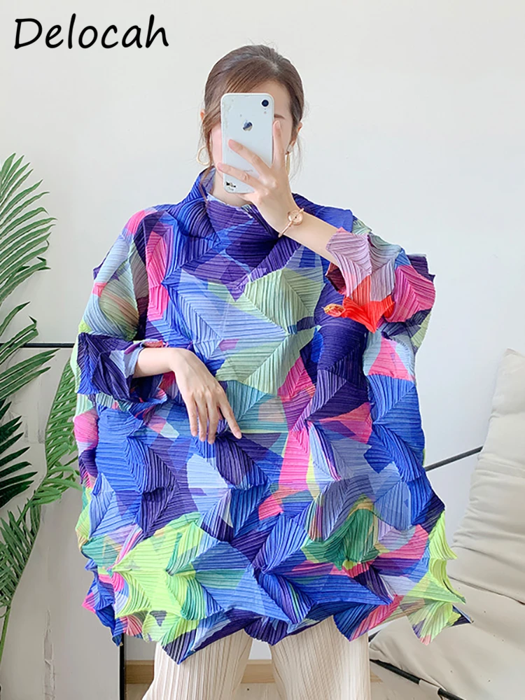

Delocah High Quality Autumn Women Fashion Designer Draped Tops Long Sleeve Multicolor Print Party Loose Pleated Pullovers Tops
