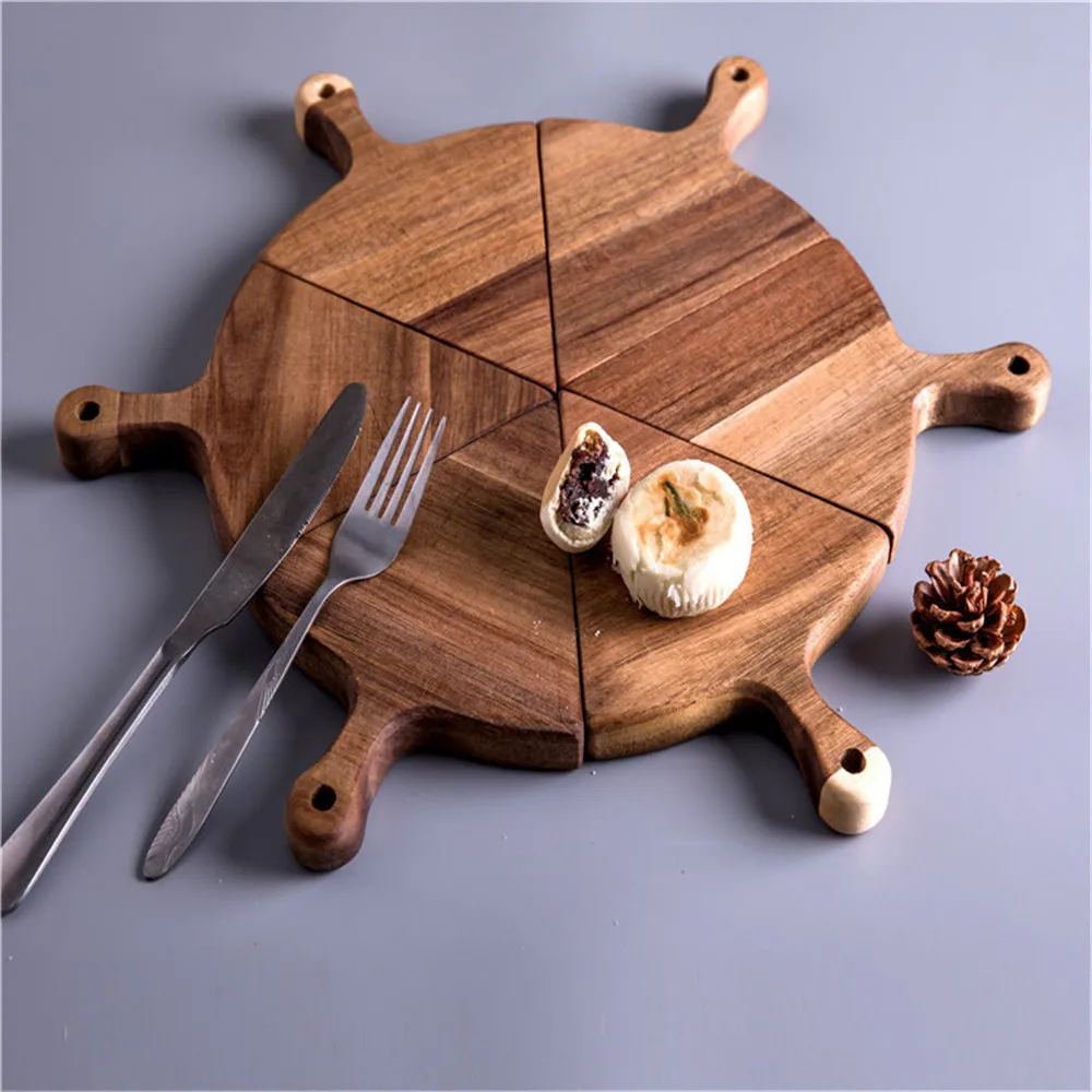 

6pcs/set Wooden Pizza Tray Western Steak Food Plate Cheese Charcuterie Cake Board Kitchen Chopping Block Bakeware With Handle
