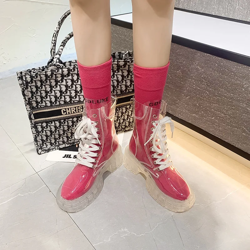 

Летние новые женские Ботинки Martin большого размера с прозрачной подошвой, дождевые ботинки с носками, женские ботинки на шнуровке