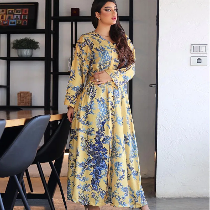 Long Sleeves Printing Embroidery Sequins Muslim Robe Abaya V Neck Elegant Arabic Gowns for Women Middle East Jalabiya 2023