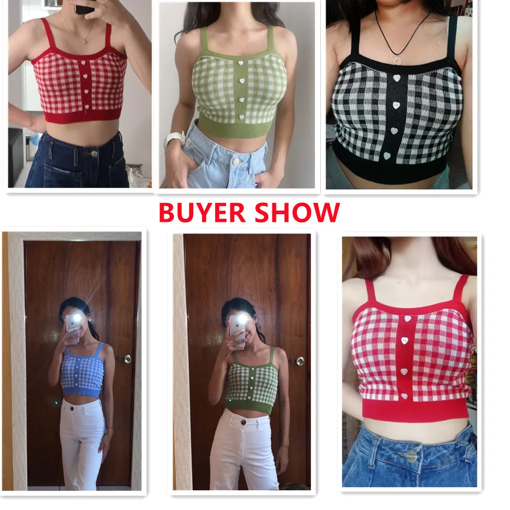 

Y2K Plaid Crop Top Women's Club Tank Tops Buttons Camis Knitting Sleevless Camisoles Tube Top Bralette Sexy Ladies Summer Tanks