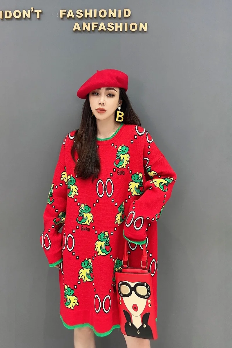 Новинка весна-осень 2024 свитер средней длины вязаный пуловер классический принт