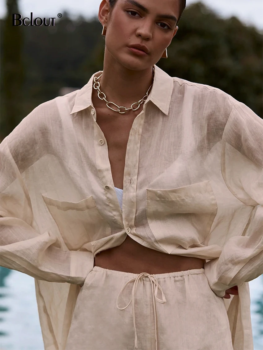 Костюм Bclout женский: льняная свободная блузка с длинным рукавом брюки широкими