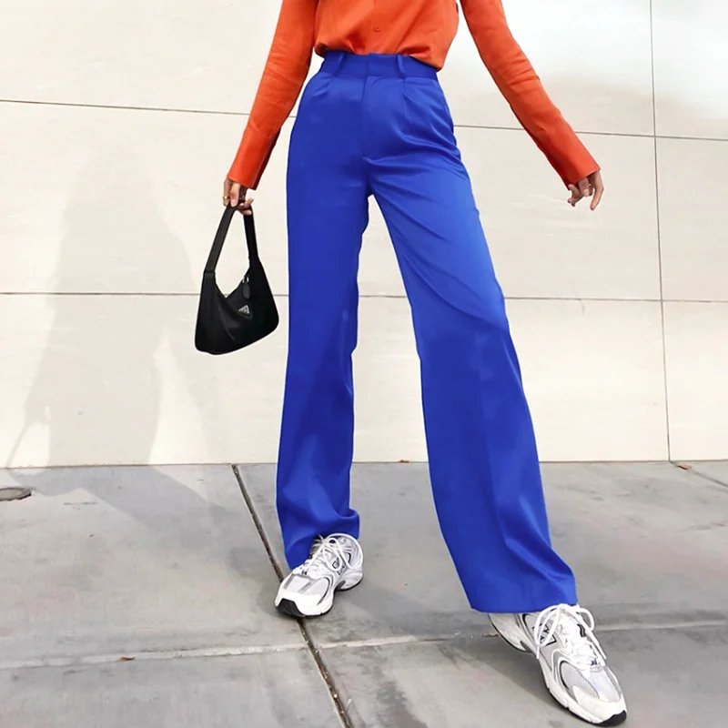 

Baggy Pants Women Pure Blue Wide Leg Pants Fashion High Waist Sexy Trousers 2022 Satin Wide Leg Pant Female