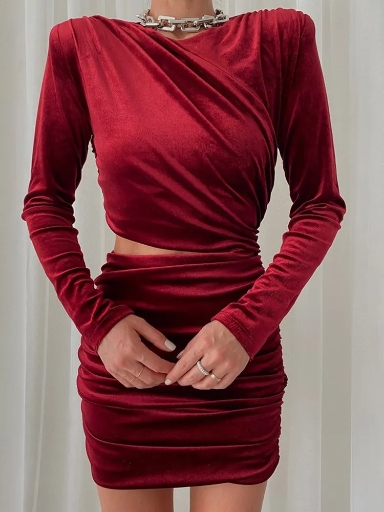 

Women Velvet Hollow Out Folds Dress Shoulder Pad Long Sleeve Elegant Casual Sexy Autumn 2021 Streetwear Solid Dress