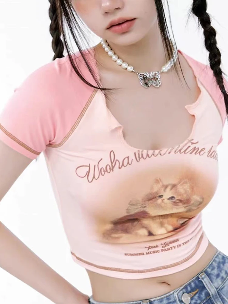 

Cat Printed Graphic T Shirt Women Summer Short Sleeve V Neck Crop Top Vintage Patchwork Tees Korean Fashion Slim Y2k Streetwear