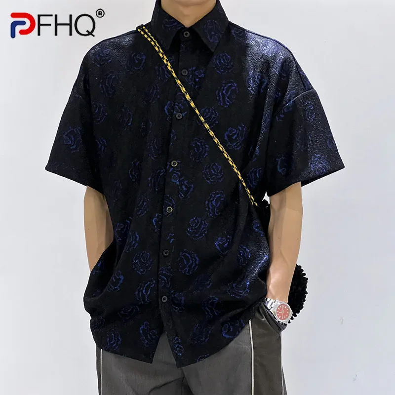 

PFHQ Summer New Men's Composite Lace Flowers Short Sleeved Shirts Darkwear Print Y2K Niche Design Abstract Art Chic Tops 21Z1085
