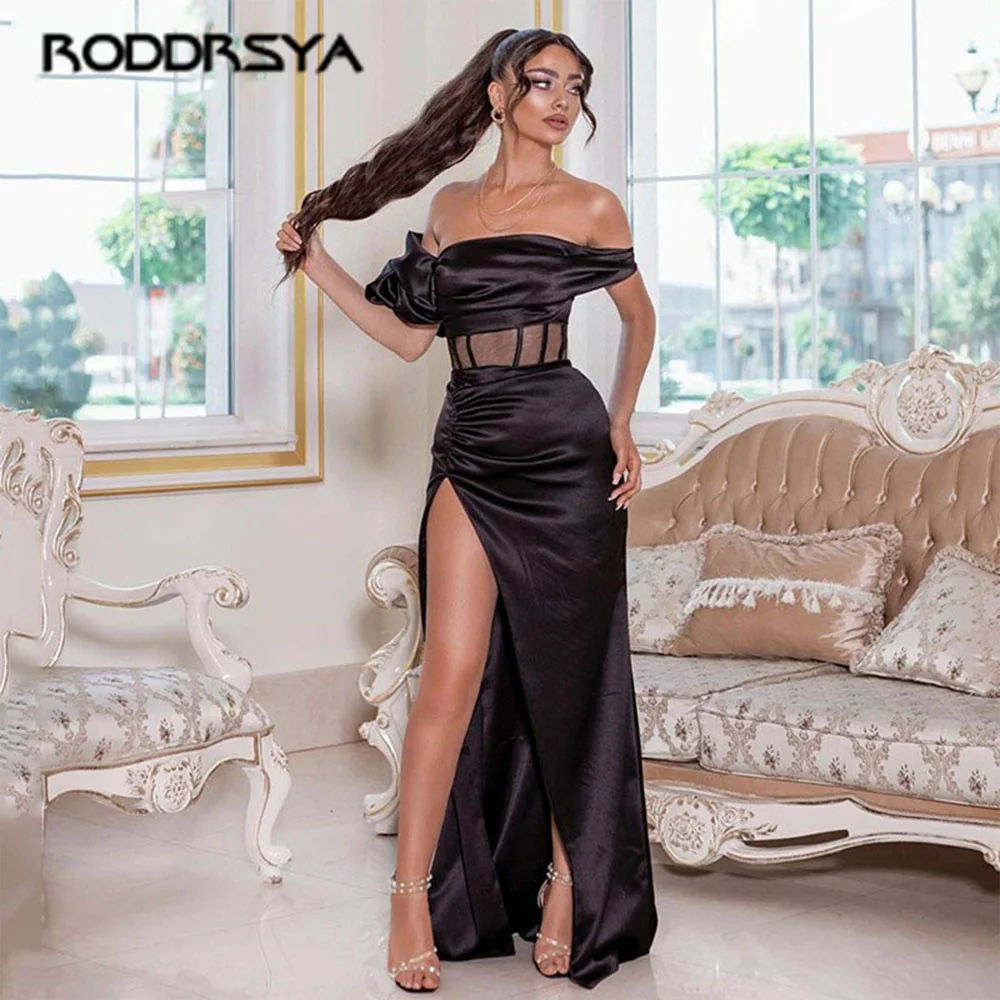 

Black Asymmetrical Side Slit Satin Long Prom Dresses Off the Shoulder Pleats Backless Evening Gowns Formal Floor Length Modern