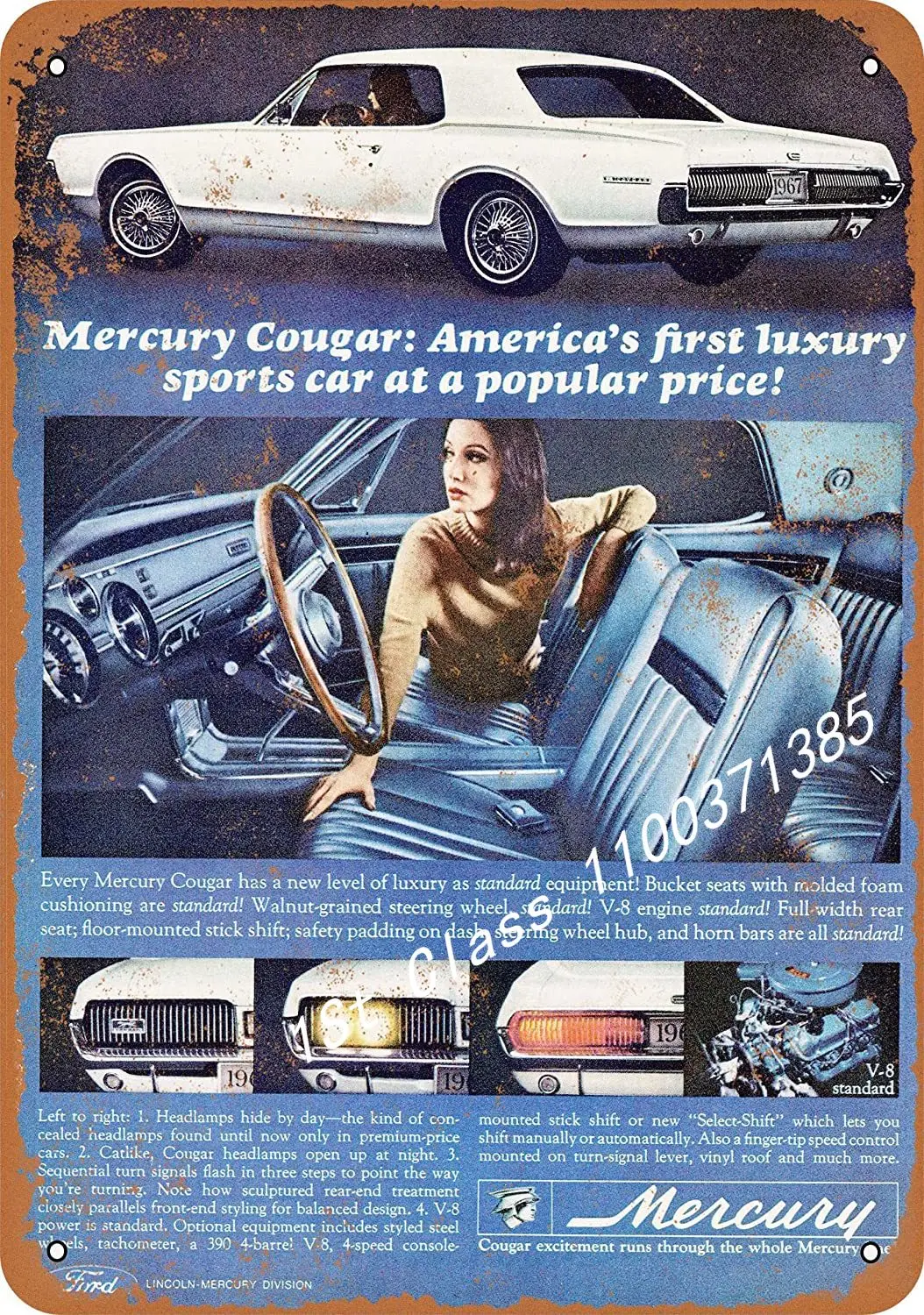 

WallColor 8*12 металлический знак 1967 Mercury Cougar винтажный вид