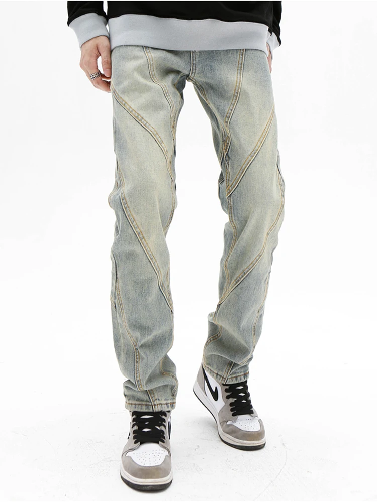 Gaojie American Retro Stitching Jeans Men's Loose Straight Pants Trousers Designer Clothing Hip -hop Jeans Street Clothing Denim