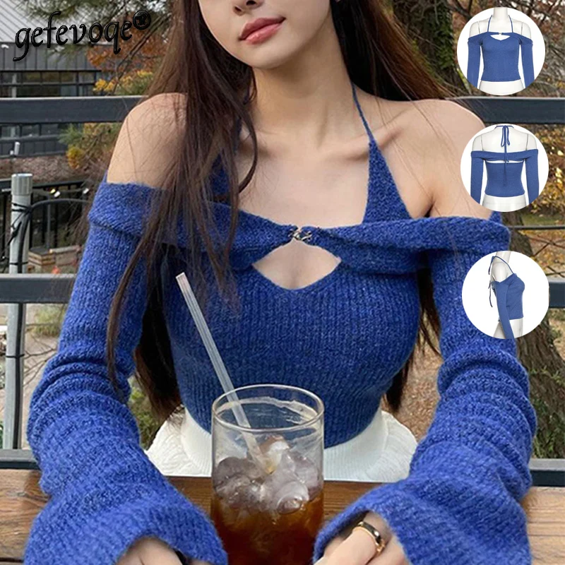 

Korean Sexy Solid Off the Shoulder Crop Top Women 2022 All-Match Casual Comfortable Commuter Knitted Sweater Chic Female Clothes