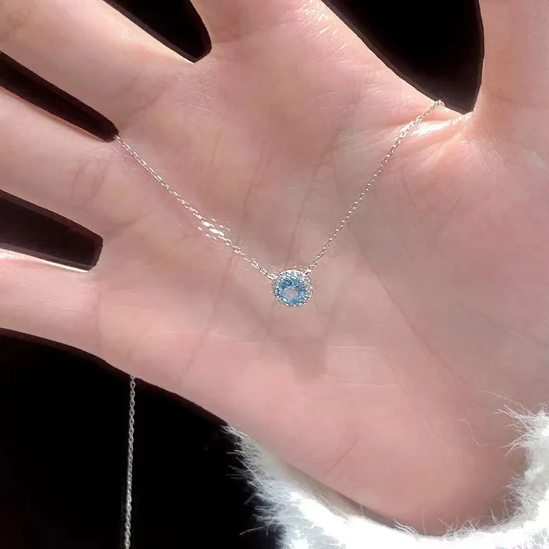 

Astuyo Wish 2 Carats Round Blue Aquamarine Zirconia Pendant Link Chain Necklace for Women Girls Female Jewelry Present Gift