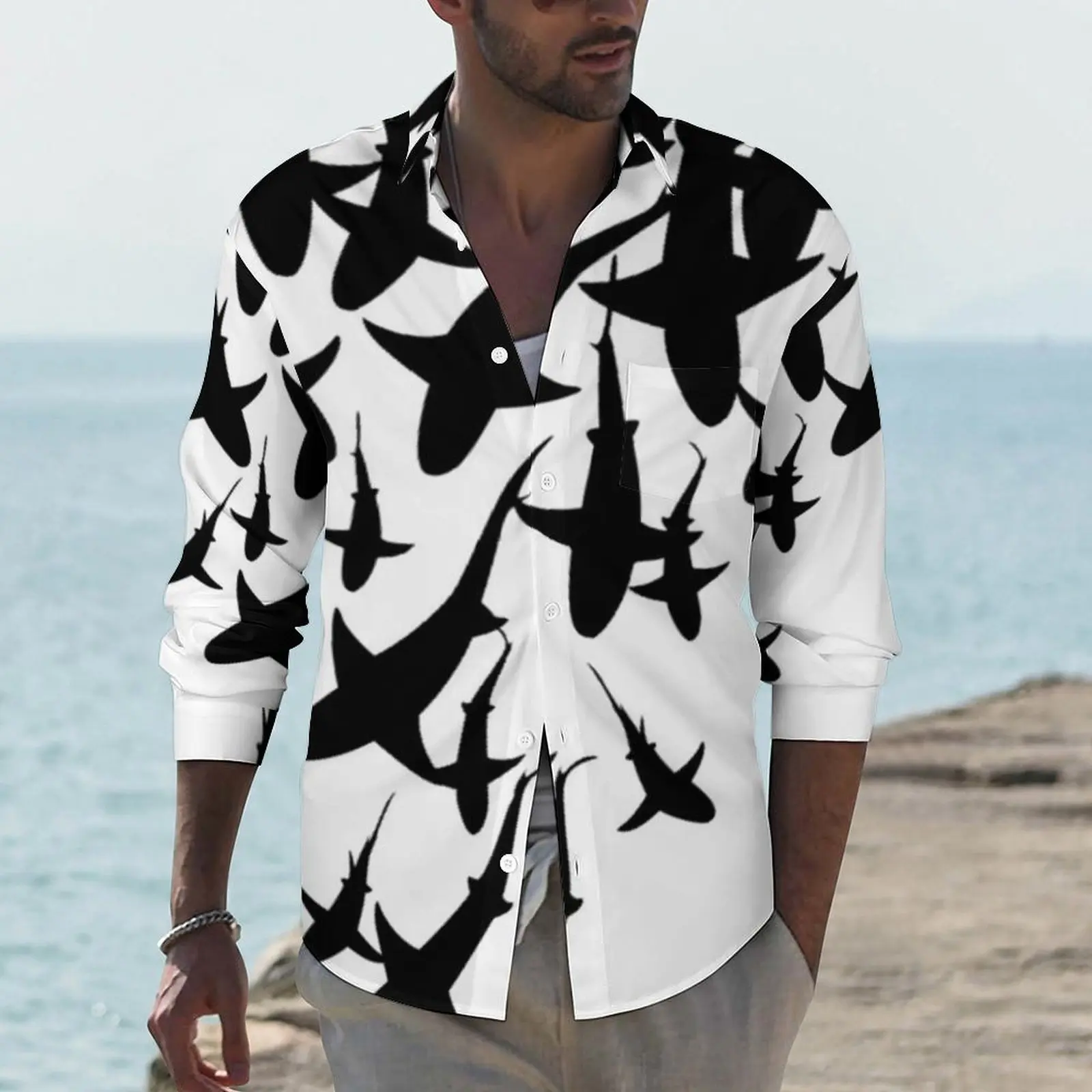 

Great Black Shark Shirt Spring Sharks Art Print Casual Shirts Male Novelty Blouses Long Sleeve Pattern Y2K Tops Large Size