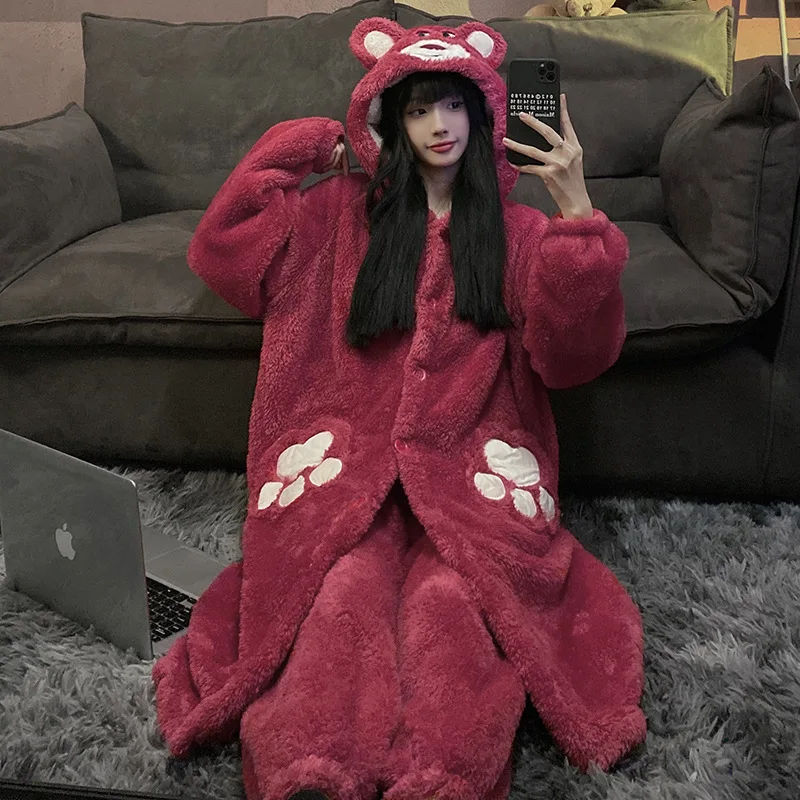 Winter Robes Long Sleeve Flannel Nightgown Suit Warm Cute Bear Hooded Nightdress Soft Thicken Animal Pajamas Sets Loose Pijama