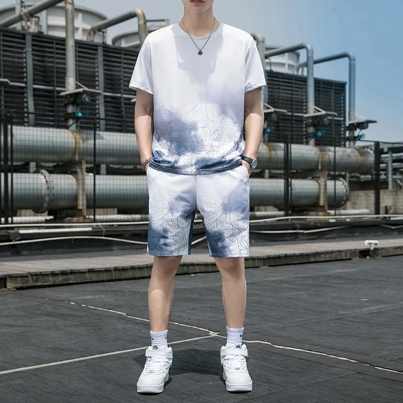 

Новинка лета мужской повседневный спортивный комплект с коротким рукавом свободный комплект из двух предметов для бега на открытом воздух...