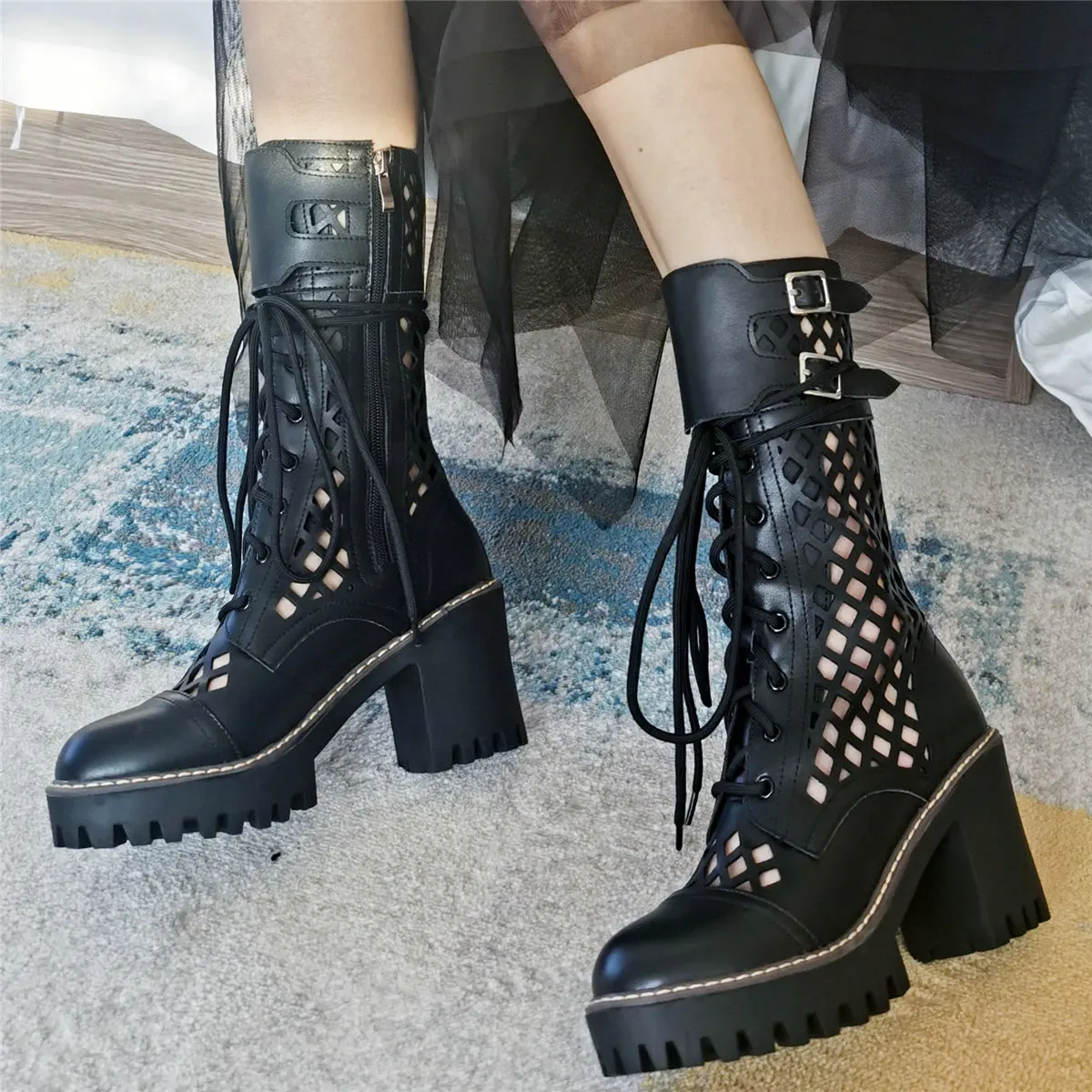 Lace Up Gladiator Sandals Women Hollow Genuine Leather High Heel Ankle Boots Female Summer Round Toe Platform Pumps Casual Shoes