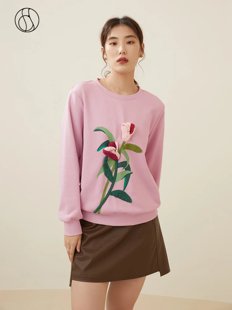 

DUSHU Casual Round Neck Pullovers Women Autumn Sweet Age-reducing Long-sleeved Three-dimensional Tulip Embroidery Female Tops
