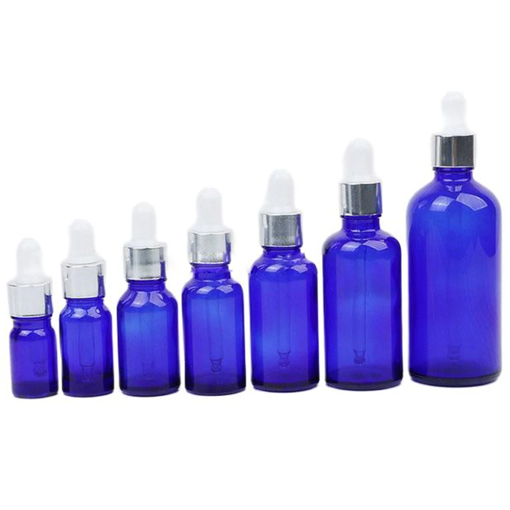 

5ml,10ml,15ml,20ml,30ml,50ml,100ml Blue Glass Dropper Bottles DIY Sample Vial Empty Essential Oil Bottle Silve Rim Free ship