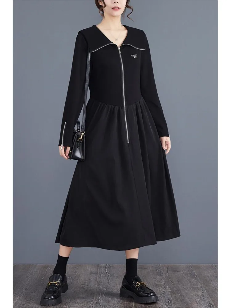 Осеннее платье женское с тонкой талией модное плиссированное длинное рюшами