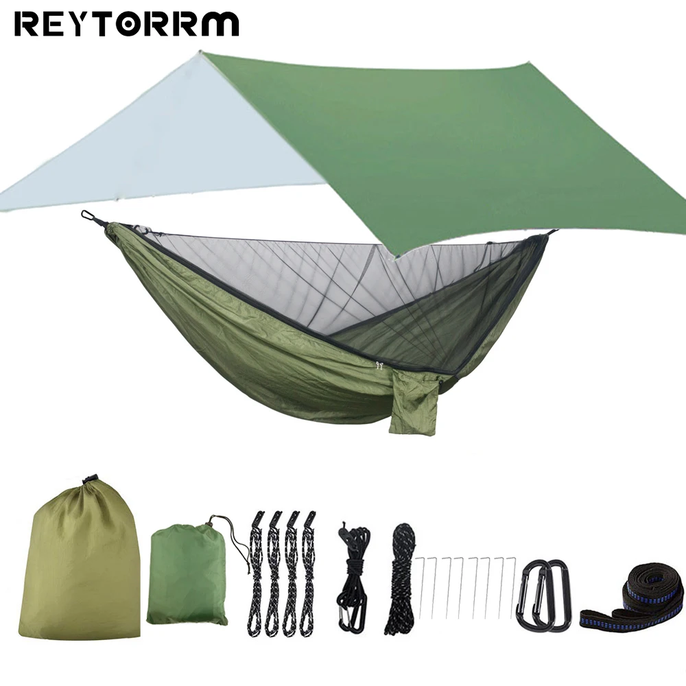 

Camping Hammock With 300*300cm Rain Fly Tarp and Mosquito Net Tent Tree Straps Portable 1-2 Nylon Parachute Hammock For Travel