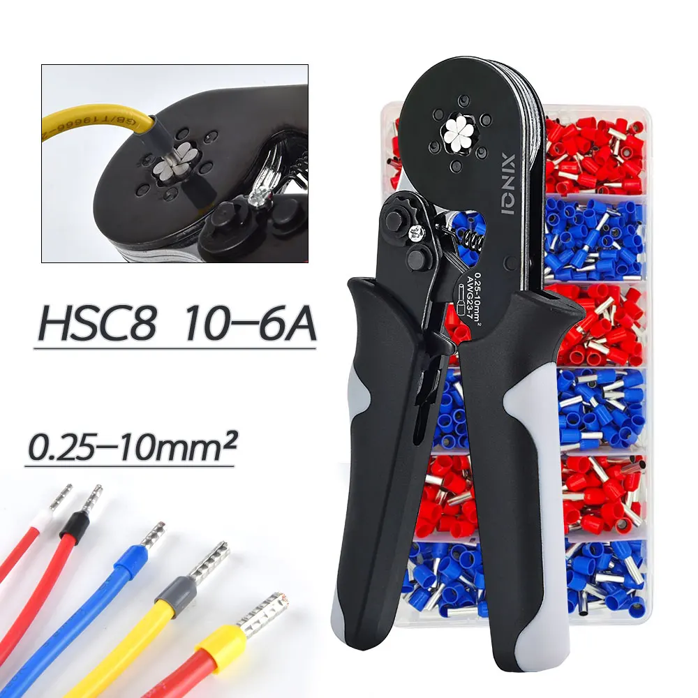 

0.25-10mm² Hexagonal Wire Terminal Ferrule Crimping Tool, HSC8 10-6A Self-Adjusting Ratchet Crimping Pliers, Electrician's Tool