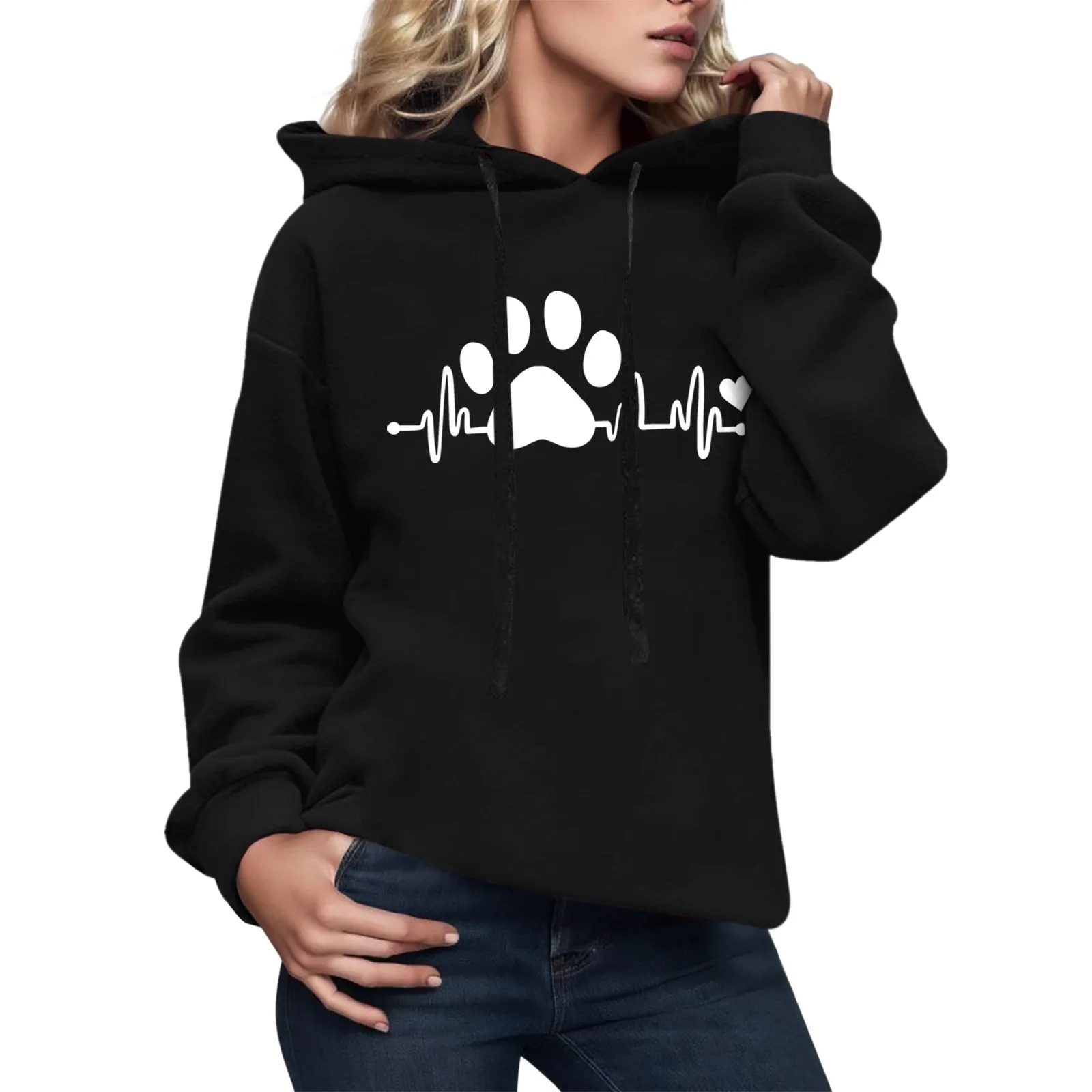 

Women'S Cute Cat-Pad Print Hoodie Round Neck Long Sweatshirt Loose Hooded Pullover Casual Sports Clothes For Ladies Autumn