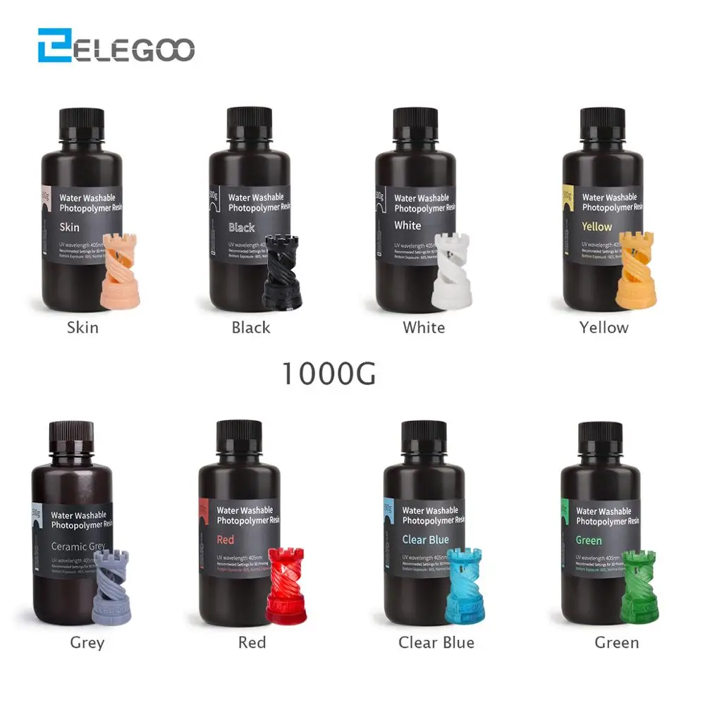 

ELEGOO Water Washable 3D Printer Resin LCD UV-Curing Resin 405nm Standard Photopolymer Resin for LCD 3D Printing 1000g 8 Colors