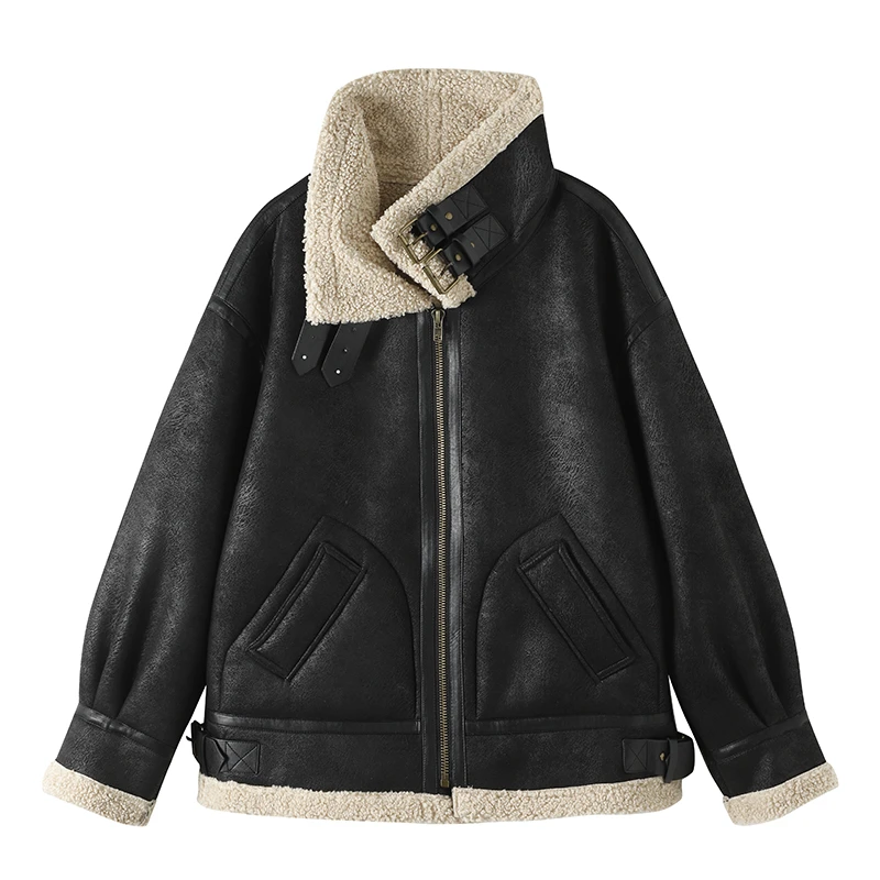 MOLAN Winter Woman  Leather Coat Warm Fashion Lambs Wool Patchwork Loose Long Sleeve Locomotive Coat Zipper Female Chic Outwear