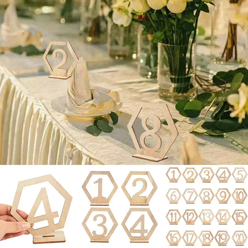 

1-20 Number Wooden Table Sign Hexagon Rustic Wedding Place Card Desktop Decoration Engagement Seat Number Signs Event Supplies