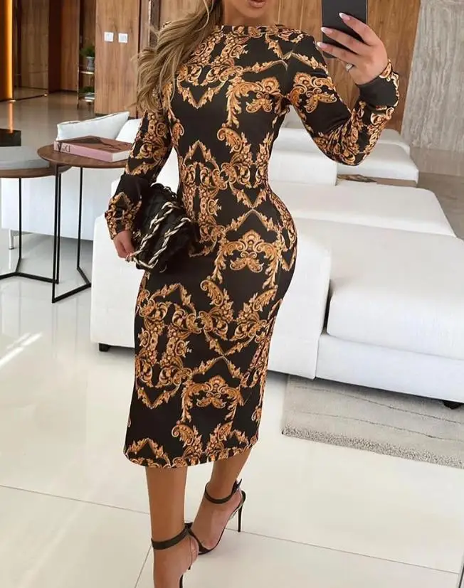 

Женские Элегантные платья с вырезом лодочкой и принтом в стиле барокко, модное повседневное облегающее платье средней длины для работы, осенняя одежда 2023