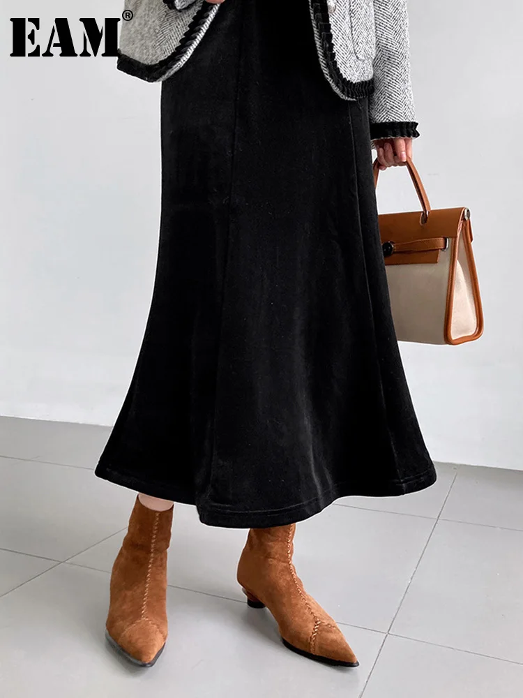 

[EAM] High Elastic Waist Black Velvet Long Elegant Soft Half-body Skirt Women Fashion Tide New Spring Autumn 2022 1DF3678
