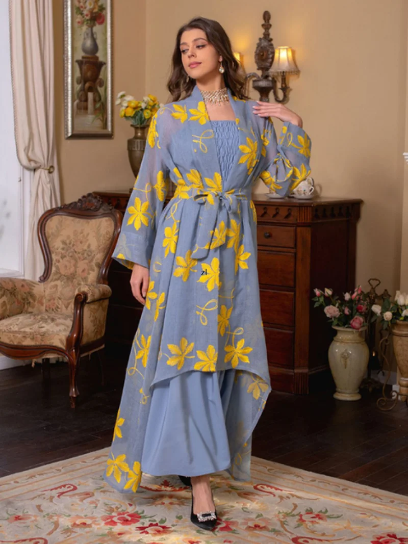 Ramadan Abaya 2 Pieces Mesh Floral Embroidery Lace Belted Kaftan Islamic Dresses Muslim Sets Turkish Evening Gown Prom Dress