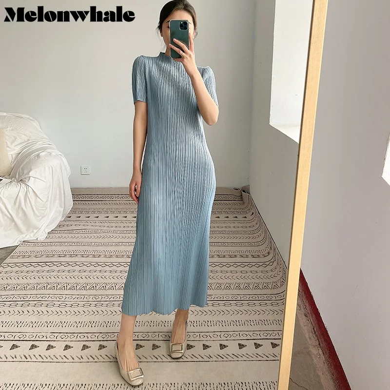 

MelonWhale Elegant Solid Long Evening Dress for Women Turtleneck Pleated Short Sleeve Luxury Loose Female Cothing 2023 Summer