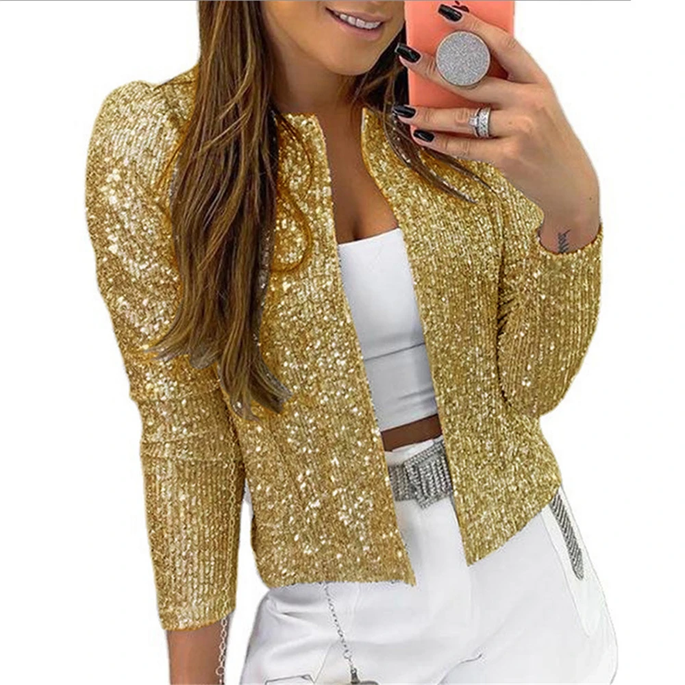 

Spring and autumn 2023 new women's fashion collar solid sequined coat short casual Joker coat.