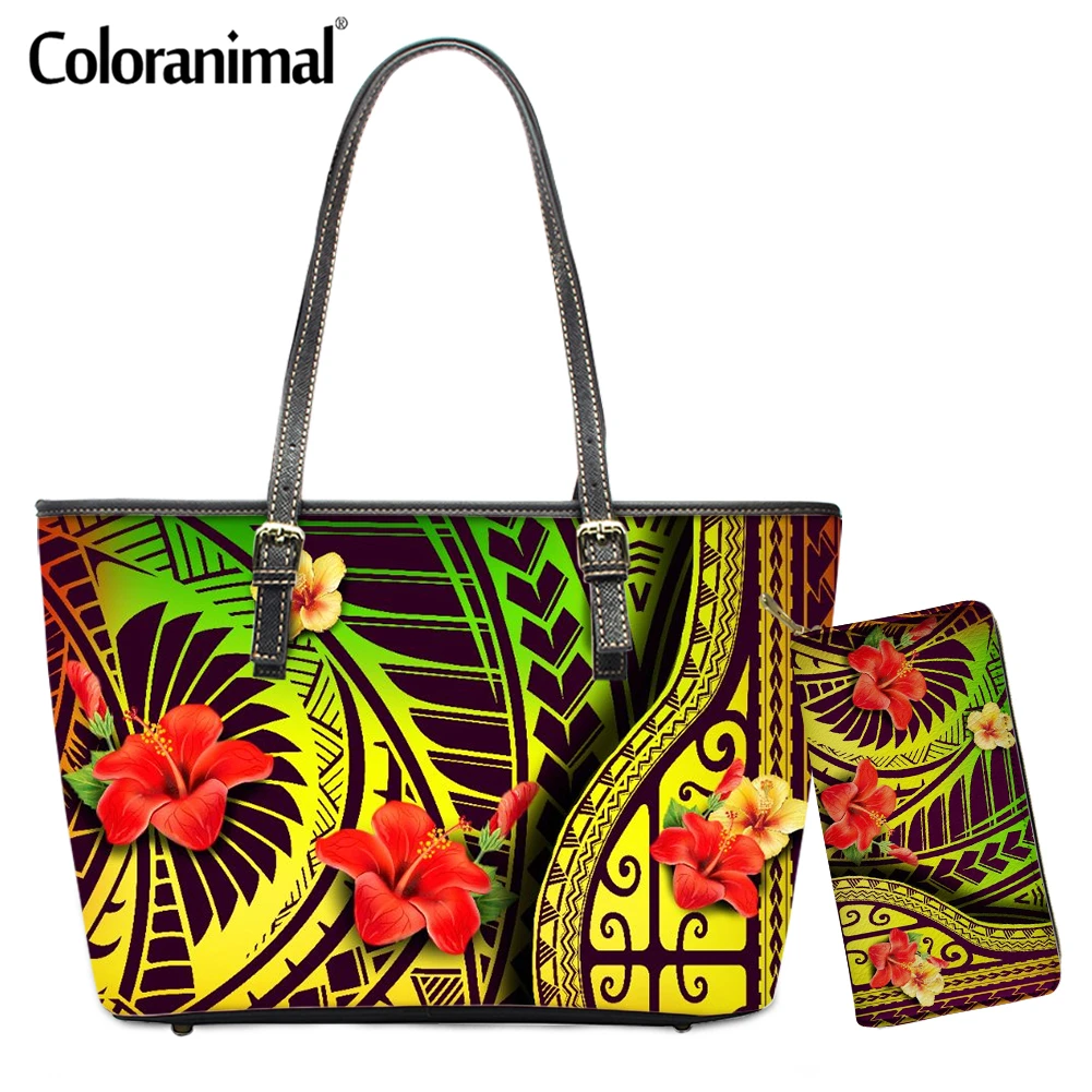 

Coloranimal Women 2Pcs/Set Shoulder Bag&Wallet Polynesian Design Handbag Tropical Plumeria and Hibiscus Print Female Tote Bolsa
