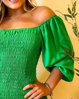 high waist solid color green bohemian puff sleeve dress for women temperament short dresses 2022 summer new