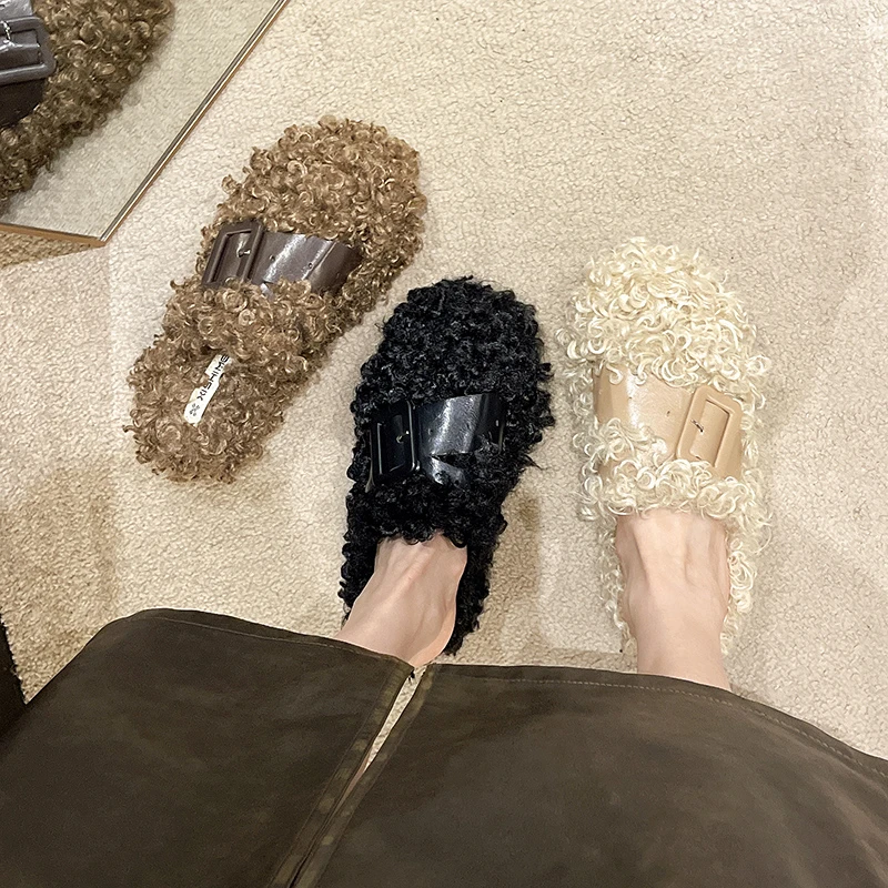 

Shallow Shoes Med Slippers Flat Slides Platform Flock Slipers Women Fashion Fur Flip Flops Cover Toe 2023 Luxury Plush Rubber Ba