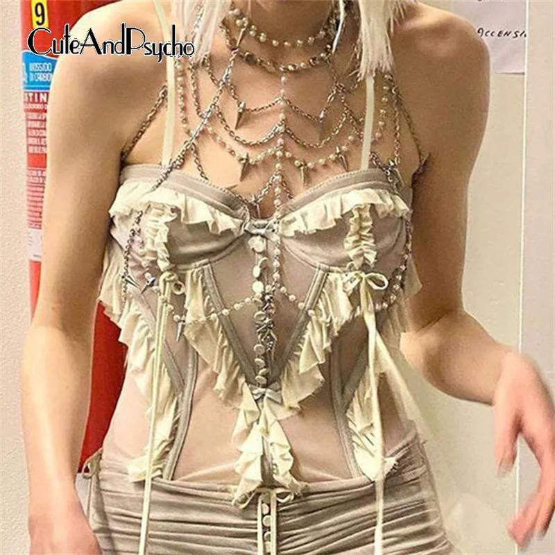 

Cuteandpsycho Ruched Patchwork Mesh Bustiers Milkmaid Sexy Spaghetti Strap Vintage Grunge Clothes Y2K Fairycore Slim Grey Tops