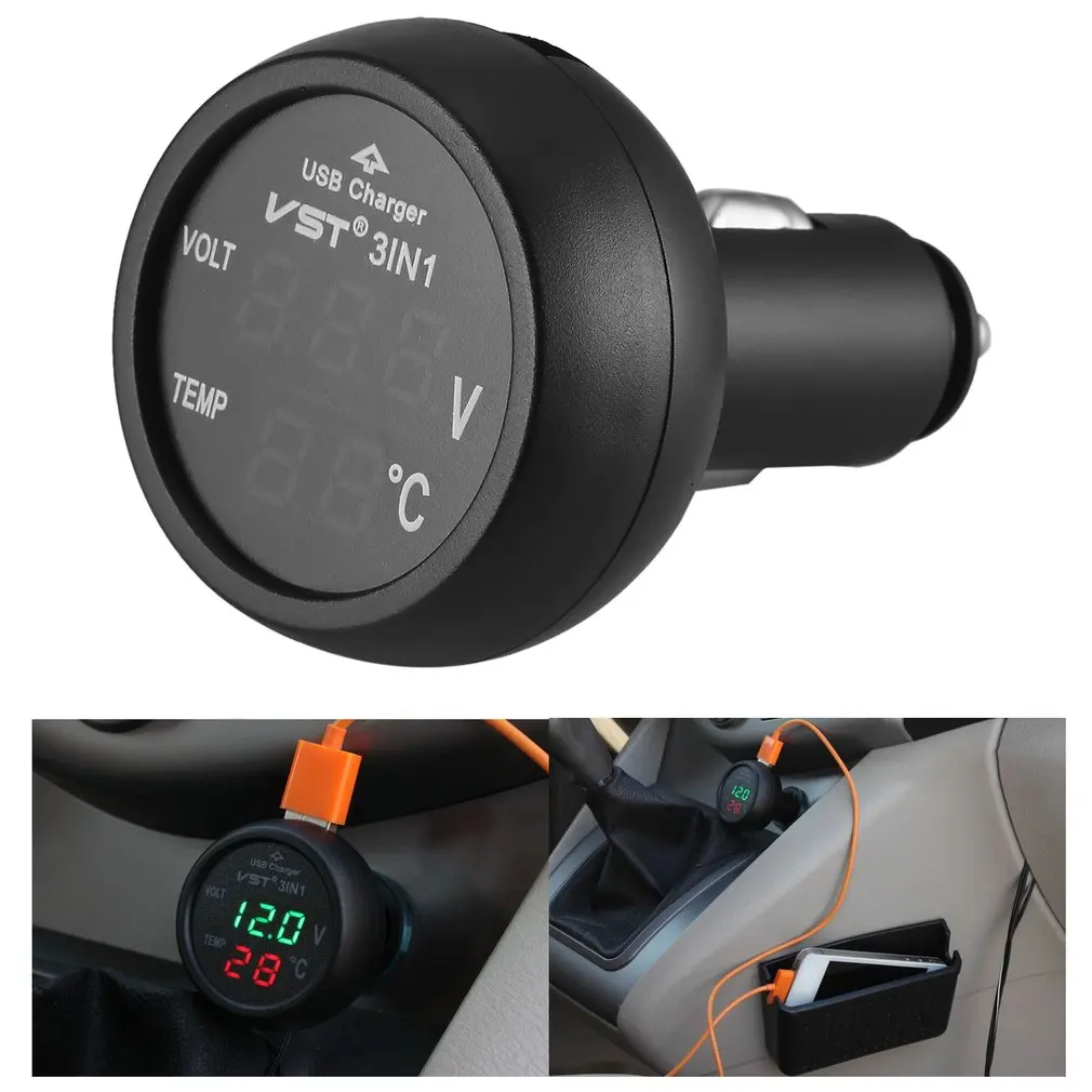 12V/24V Digital Meter Monitor 3 in 1 LED USB Car Charger Voltmeter Thermometer Car Battery Monitor LCD Digital Dual Display