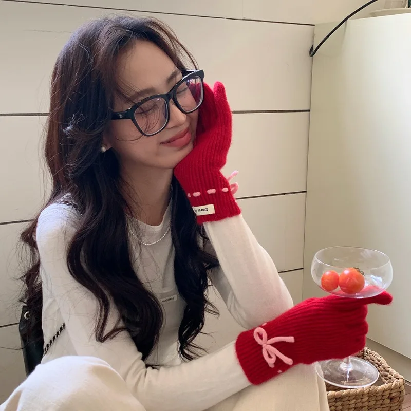 Женские перчатки с милым бантом свежие и красивые включая шерстяные полностью