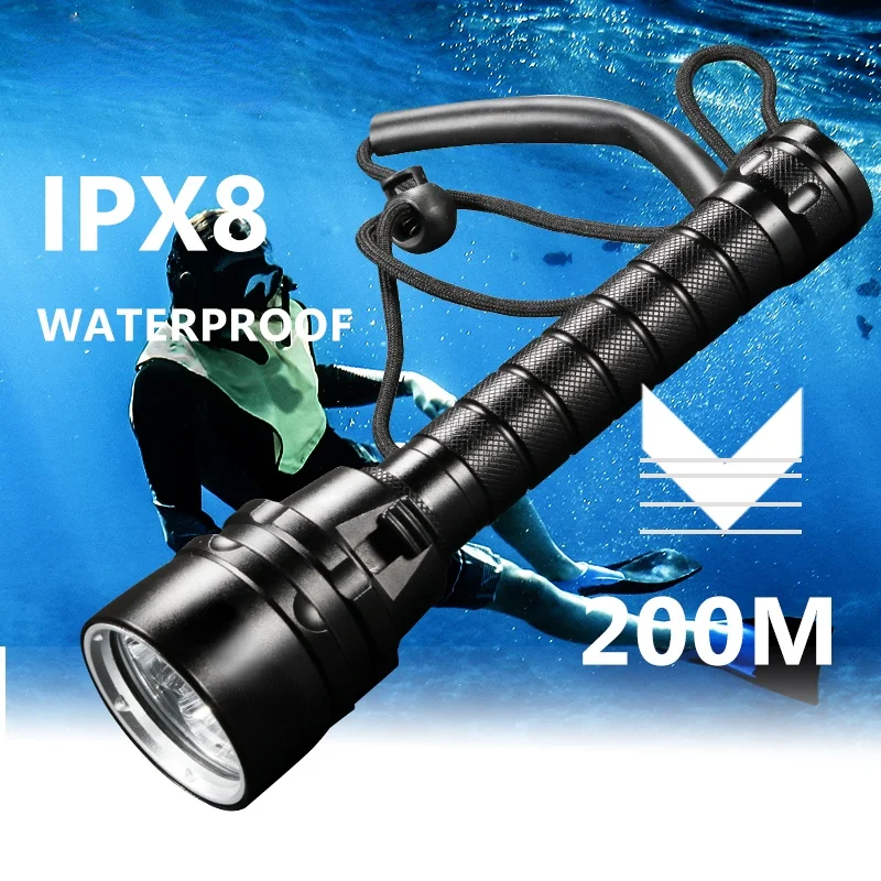 

Professional Diving Light 200 Meter L2 Waterproof IPX8 Underwater LED Flashlight Camping Torch By 18650 Battery with Hand Rope