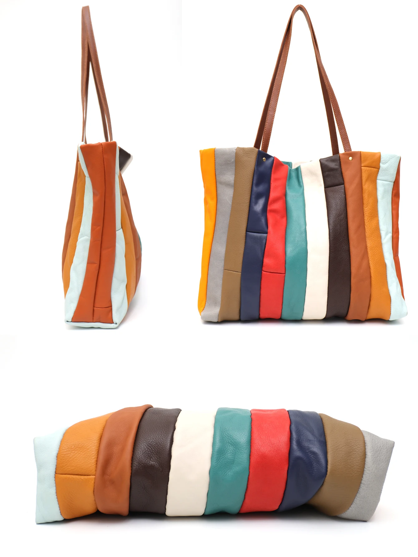 SC Women Large Capacity Tote Genuine Leather Laptop Shoulder Handbag Unique Design Colorful Cow skin Patchwork Purse Shopper Bag